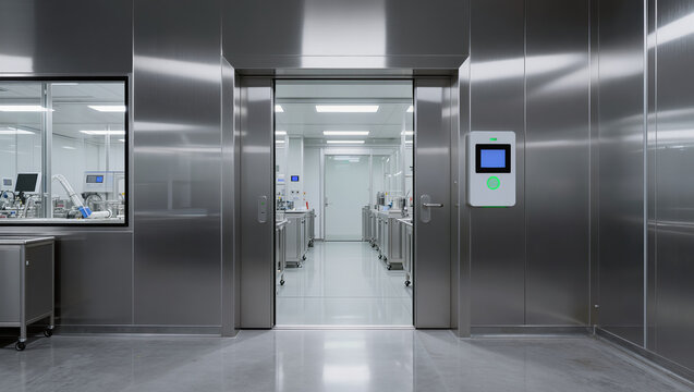 Pharmaceutical laboratory cleanroom entrance with stainless steel surfaces and bright lighting