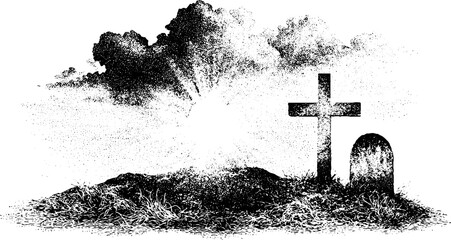 Black and white stippled grave scene with cross and tombstone at sunrise for easter resurrection background and christian memorial banner design