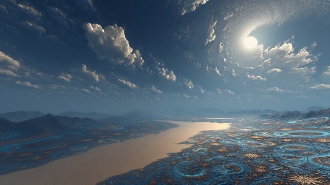 Ethereal alien expanse featuring radiant celestial light over intricate fractal terrain under cloudy sky with landscape intricate blue fractal patterns