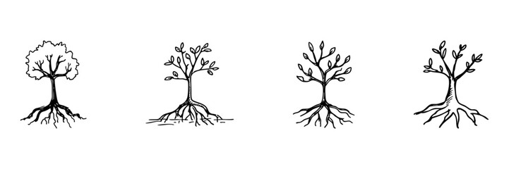 Fototapeta premium Tree Variations In Hand Drawn Style Set. Nature And Growth Doodle Sketch Collection. Botanical For Environmental And Educational Use. Isolated Vector Illustration