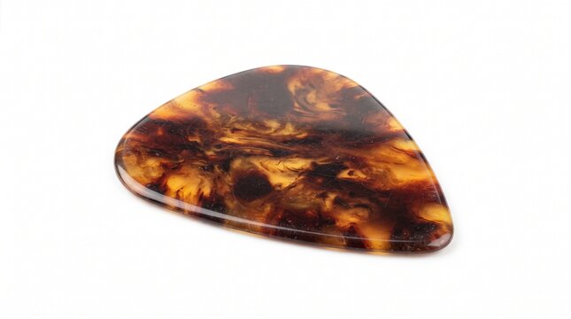Tortoiseshell guitar pick on white background, brown marbled plectrum for acoustic guitar, classic celluloid music accessory, professional musician gear