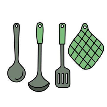 Minimalist Kitchen Utensils Set with Spatula, Ladle, Spoon, and Green Potholderin PNG format Isolated Vector Illustration on transparent Background