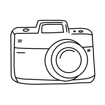 Minimalist black and white hand-drawn camera vector illustration in PNG format isolated on transparent background, perfect for photography logos, icons, and doodle art projects