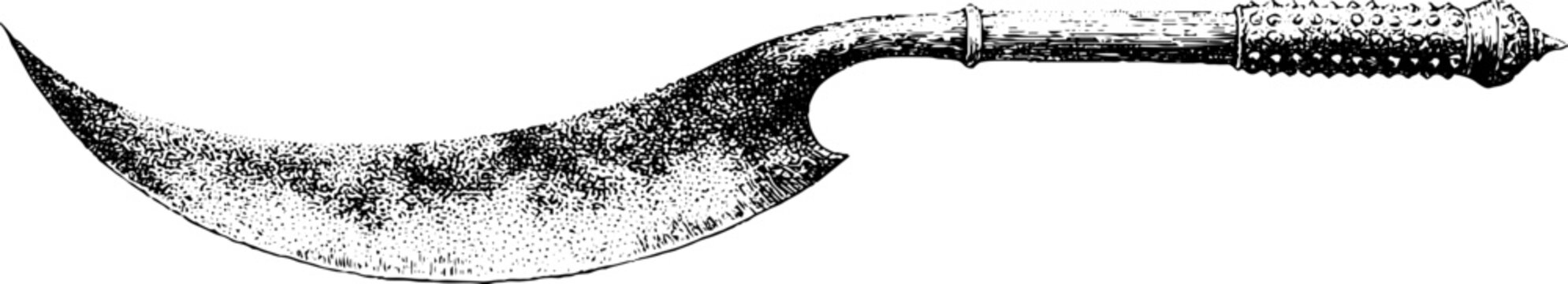 Antique curved glaive blade with long tang and shaft for historical weapon background banner and display design