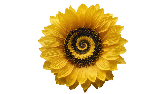 Isolated beautiful sunflower with mesmerizing unique spiral pattern in the center, vibrant golden petals