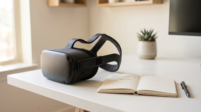 VR Headset and Notebook on a Modern Desk