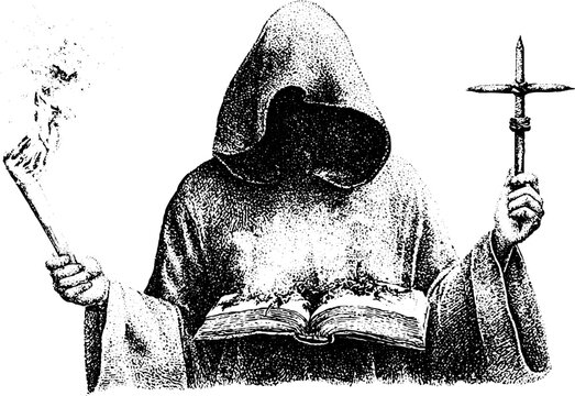 Hooded inquisitor holding a torch and an open charred book with burning pages for dark background and poster design