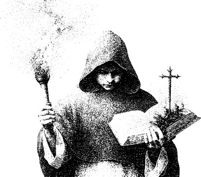 Hooded inquisitor with burning torch and open charred grimoire for dark poster or background design
