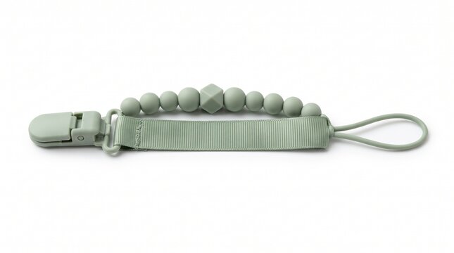 Sage green silicone pacifier clip with teething beads, modern baby dummy holder on white background, minimalist infant accessory for nursery products