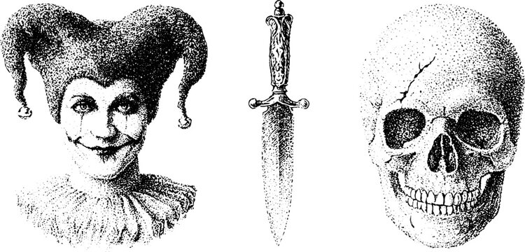 Vintage stipple jester dagger and skull illustration set for horror poster and tattoo design in monochrome engraving style