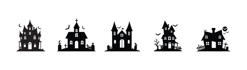 Fototapeta premium Haunted House Icon Set – Halloween Mansion and Spooky Building Collection, EPS 10