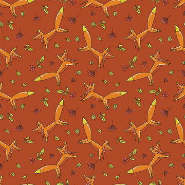 Seamless pattern of funny flying foxes, cozy pattern with foxes and leaves.