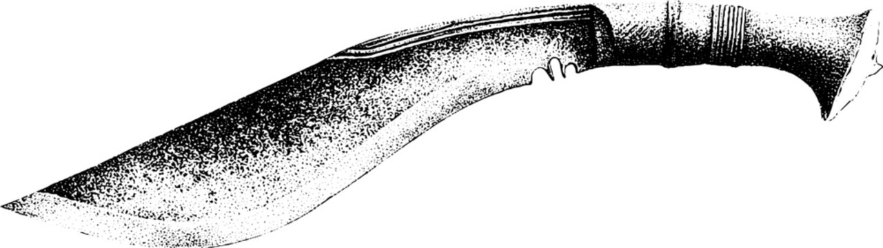 Traditional kukri blade with forward curve notch and detailed handle engraving for reference and design background