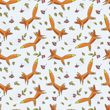 Seamless pattern of funny flying foxes, cozy pattern with foxes and leaves.