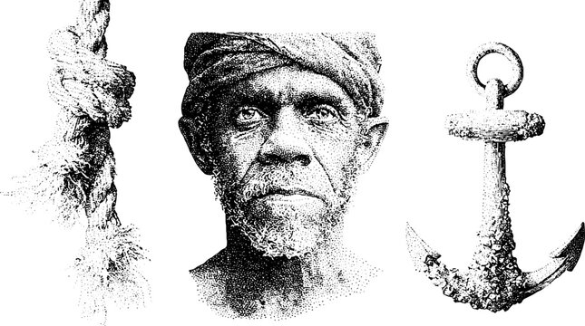 Intense mariner portrait with frayed rope and barnacled anchor for nautical banner or background in black and white stipple engraving