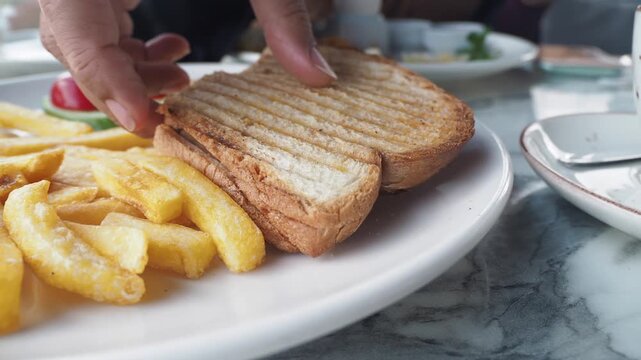 Close up of delicious grilled sandwich with melted cheese served with french fries and vegetables on white plate
