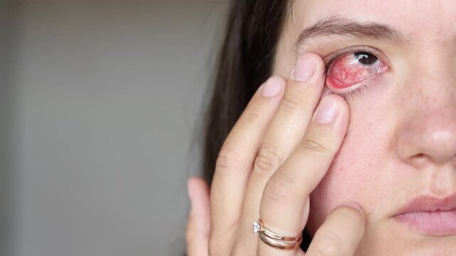 Slow motion video of young woman touching inflamed eye in close up. Red eyeball shows pain and discomfort. Eye irritation needs proper treatment.