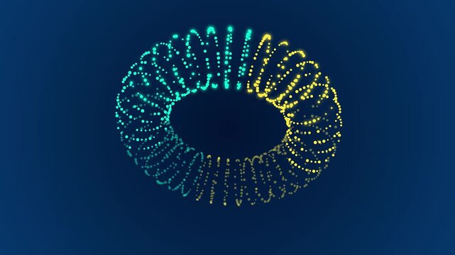 Glowing neon particle torus ring rotating in space showing transformation through a series of stages