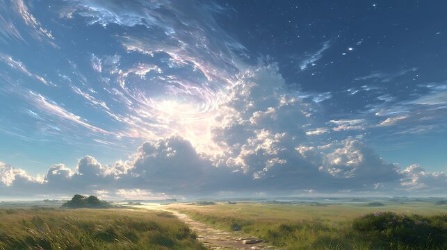 Ethereal grassland landscape beneath swirling celestial clouds and radiant golden light over vast horizon with surreal landscape with landscape