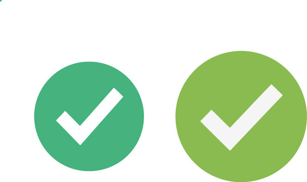 Green check mark icons, flat validation symbols, 2 circle approval buttons