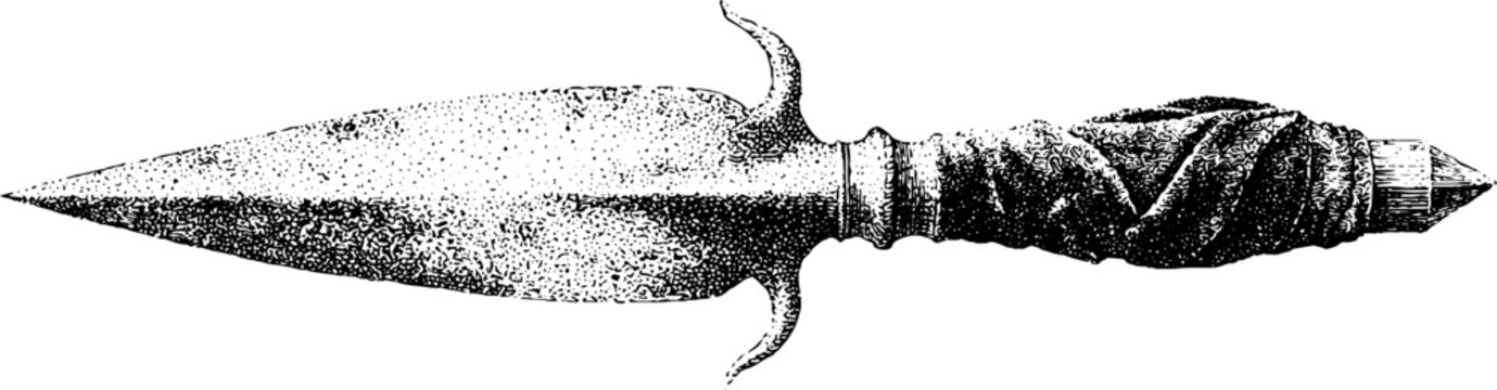 Antique partisan dagger drawing with long thrusting blade and side lugs for historical weapon reference sheet and vintage engraving background