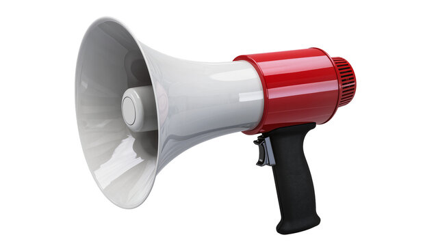 Isolated red and white megaphone with black handle, a classic symbol for public address