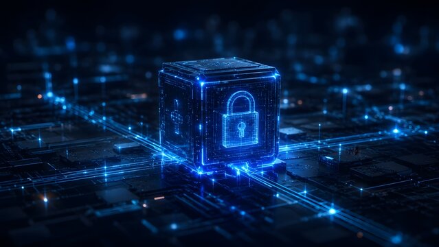 Glowing digital padlock icon inside futuristic cyber cube hovering on circuit board representing secure data encryption and hardware protection.