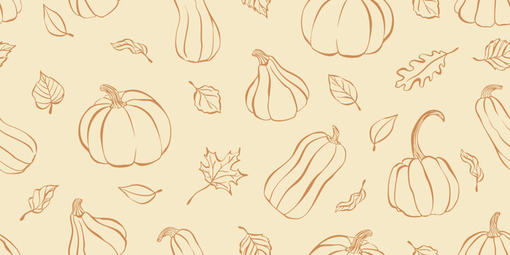 Autumn pumpkin seamless pattern. Vector hand drawn fall leaves background in line art doodle style. Minimalist thanksgiving theme print for wrapping paper, textile, wallpaper, seasonal fabric design