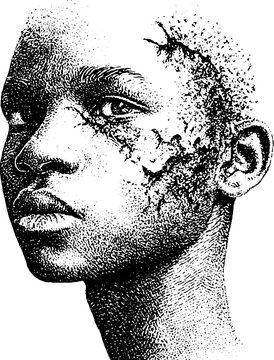 Three quarter portrait of a person with facial scarification and raised textured scars for editorial artwork or medical poster background