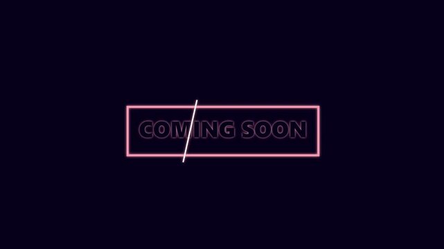 Glowing neon pink rectangle sign displaying coming soon text for marketing announcement and website update launch