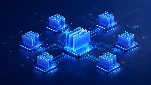 Distributed network of glowing blue folders connected by digital circuit lines representing synchronized shared drives and decentralized data storage.