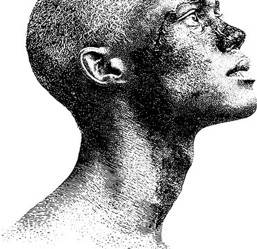 Portrait profile of a scarified person with inked cuts and textured skin for editorial background poster design
