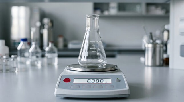 Pharmaceutical laboratory balance with glass flask scale showing precise measurement and modern