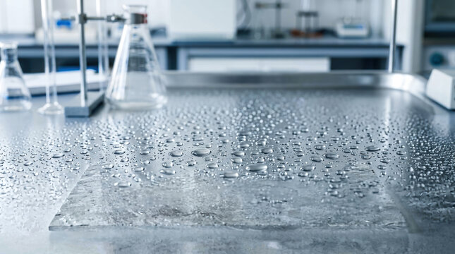 Laboratory workbench pharmaceutical technology stainless metal surface with water droplets