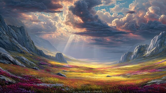Sunlight pierces dramatic storm clouds over vibrant wildflower valley between jagged rocky mountain slopes with filled colorful wildflowers sunbeams breaking