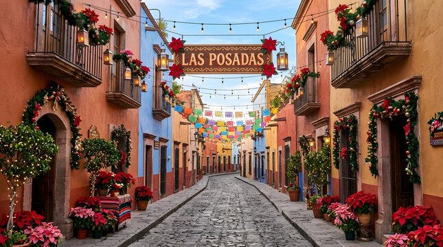 Las posadas street celebration with festive lanterns and poinsettias