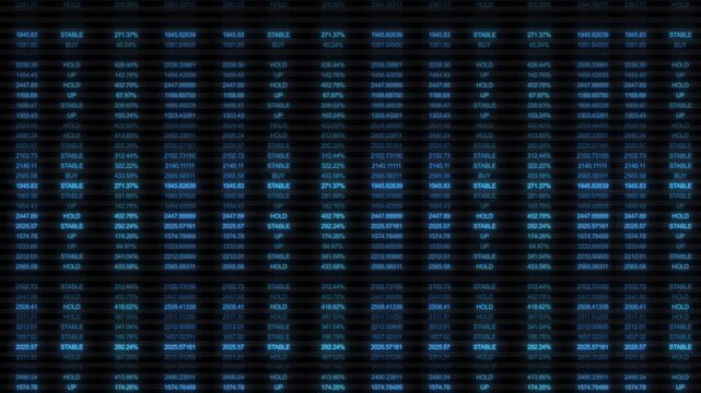 Trading dashboard financial table visual blue glowing rows, market figures, and dark business display. Perfect for stock analysis videos, finance reports, investment screens, and digital overlays.