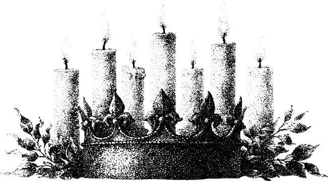 Crown of candles with foliage black and white engraving illustration for st lucy's day celebration wreath background emblem design