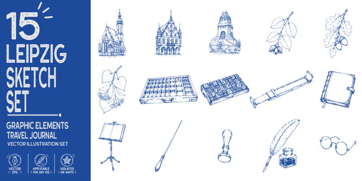 Leipzig travel journal collection. Hand drawn music and book heritage elements. St. Thomas Church, Battle of the Nations Monument, conductor baton, printing type, quill pen. Trendy sketch vector set