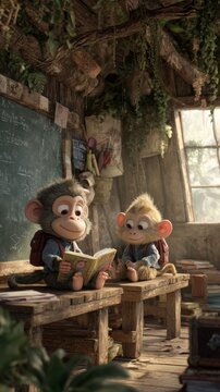Two adorable monkeys wearing backpacks sit together at a rustic wooden desk, one reading a book