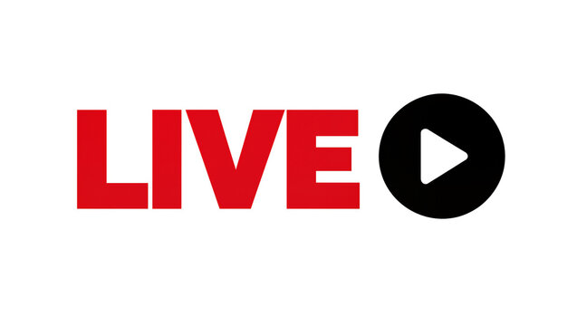 Isolated vibrant red LIVE text and play button symbol for online broadcast media