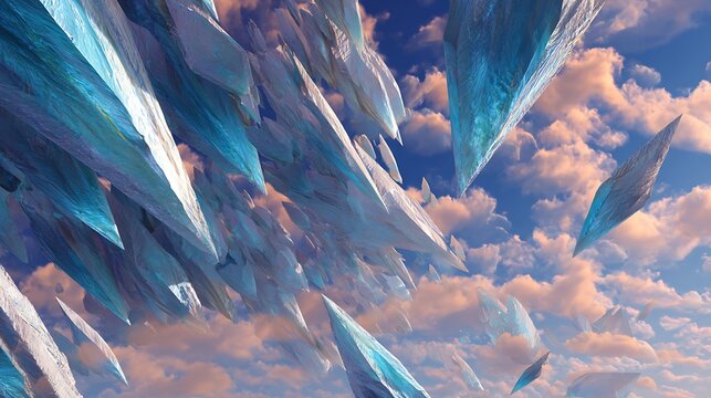 Surreal floating ice shards suspended against dramatic golden hour clouds within a vast blue sky with floating weightlessly amidst depicts massive crystalline