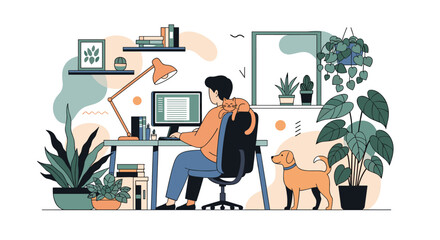 Naklejka na ściany i meble Man comfortably working from home at a computer desk, accompanied by his cat on his shoulder and a dog nearby, surrounded by houseplants.