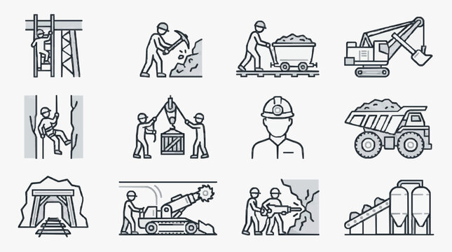 Minimalist Black and White Line Set of Mining and Construction Industry Workers and Equipment with high quality professional line art symbols for modern creative design and digital branding projects