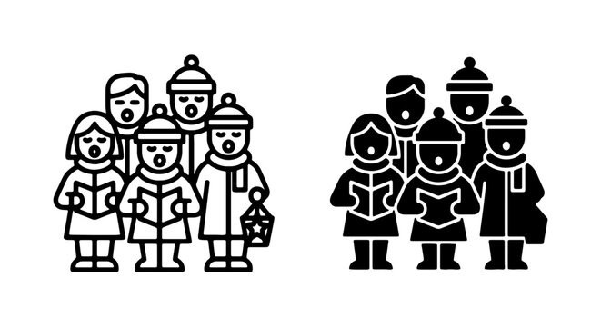 Christmas carolers icon set, winter choir singing holiday songs, black line and glyph vector art