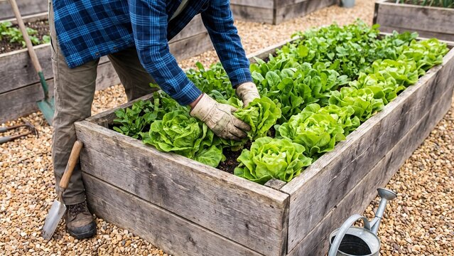 Gardener harvesting fresh organic lettuce from a raised wooden garden bed