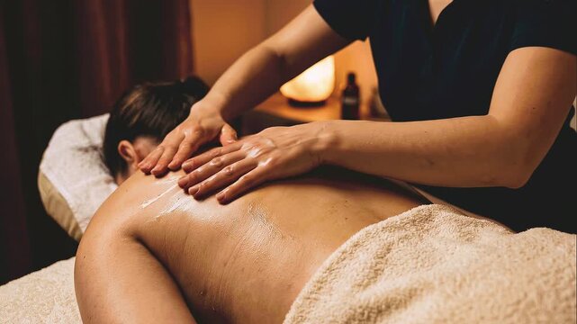 Masajista aplicando aceite esencial y realizando un masaje relajante en la espalda de una mujer en un spa con ambiente c&aacute;lido e &iacute;ntimo.