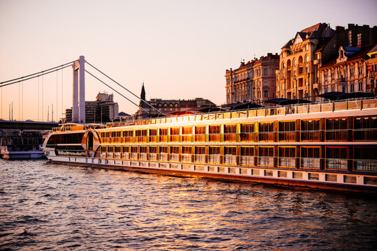 View of Pest waterfront at sunset in Budapest, Hungary.
