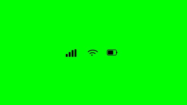 Status bar icons with cellular signal, wifi connection and battery level on chroma key green screen background