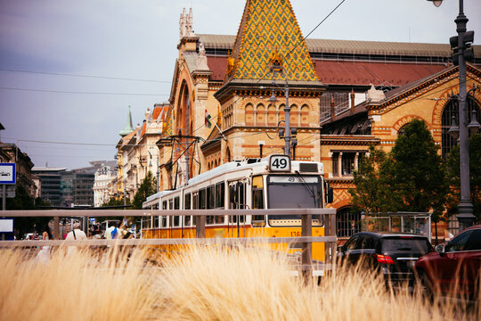Tram stop in front of the Central Market Hall in Budapest, Hungary.	
